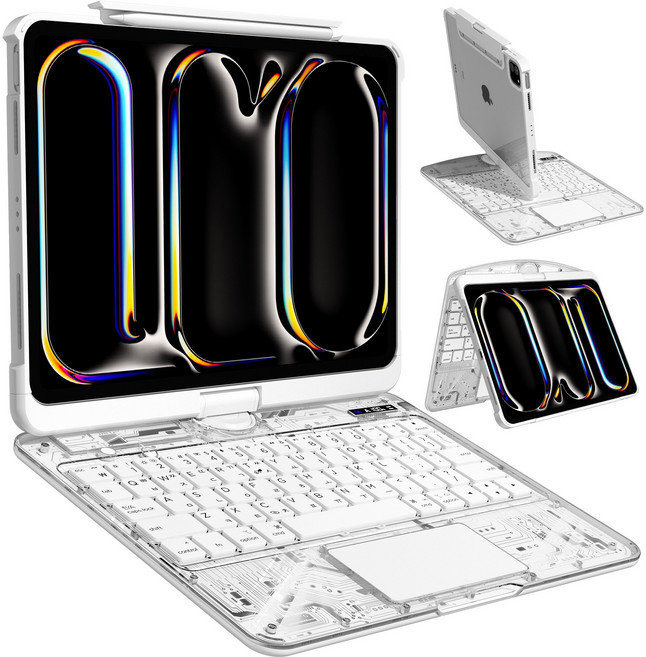 AITEWO 아이패드 키보드 케이스 일체형 360도 회전 다각도 조절 투명 케이스 트랙패드 펜슬수납 에어4/5/6/7/8세대10.9/11인치 프로1/2/3/4세대 12.9/13인치, 투명 화이트, 1개