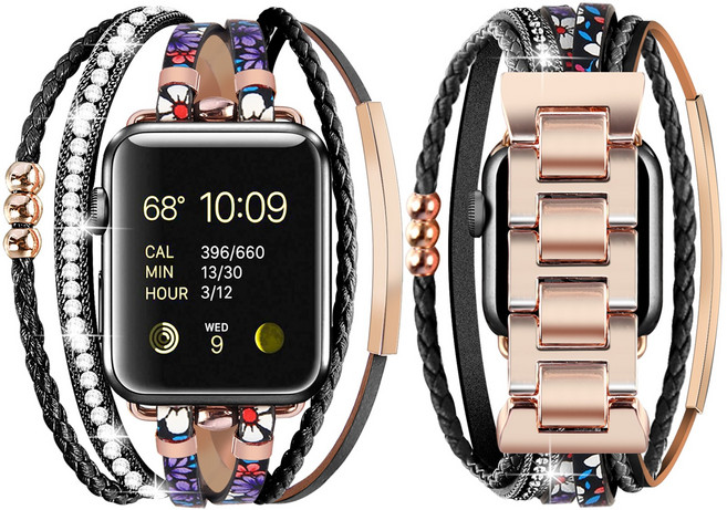 idealiveny 포쉬 보헤미안 팔찌 보석 다층 랩 가죽 밴드 애플워치 시리즈 SE 7 6 5 4 3 2 1 용 애플워치 스트랩과 호환 가능, 검은 색(38/40/41mm)