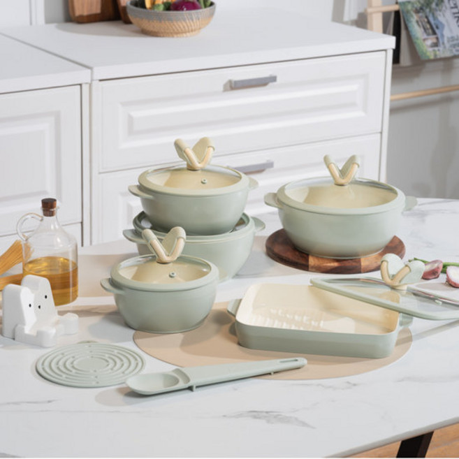 [사은품3종증정] 국내생산 세라믹코팅 쿡웨어 키친웰 위드 인덕션 냄비 4종세트 파스텔그린, 1세트, 18양수+20양수+22양수+24사각팬