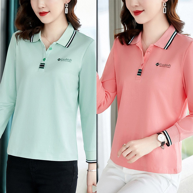 1+1 중년 여성 폴로 골프 긴팔티 봄 가을 골프웨어 캐주얼 슬림핏 이너 상의 카라 긴팔 티셔츠 루즈핏 데일리 폴로셔츠 엄마옷 2장세트 빅사이즈