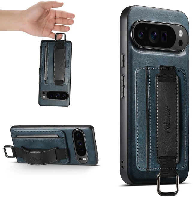 구글 픽셀 9 10 프로 XL 8 7 6 카드 수납 가죽 지갑형 케이스비즈니스 고급 손목 스트랩8A 7A 6A용 백 커버, 14 구글 픽셀 8 프로, 03 파란색