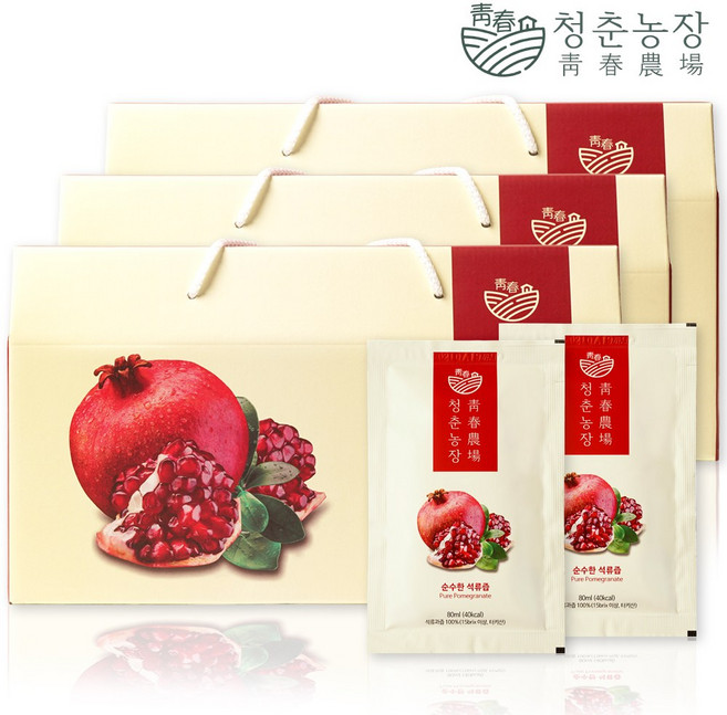 청춘농장 100% 석류즙 3박스 90포, 2.4L, 3개