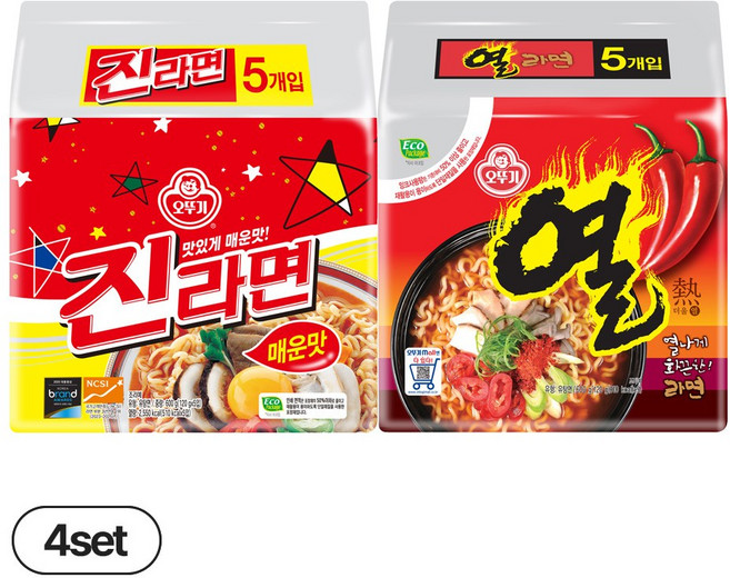 오뚜기 진라면 매운맛 5입 4개+열라면 5입 4개, 8팩