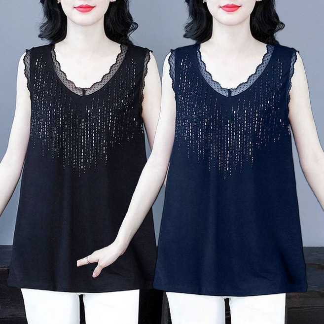 빅사이즈 이이스 여름나시티 스판 중년여성 큐빅 브이넥 민소매 티셔츠 루즈핏 얇은 롱티