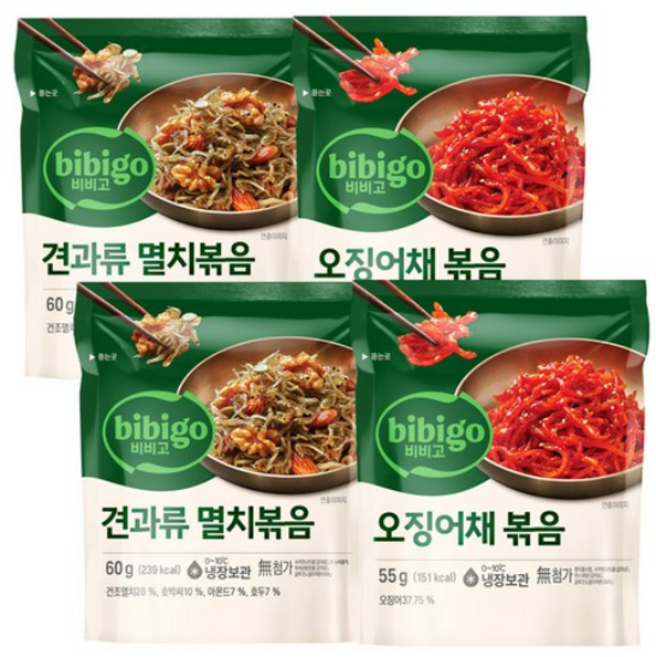 (냉장)비비고 견과류멸치볶음 60gx2개+매콤오징어채볶음 55gx2개, 1세트, 55g