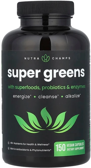 NutraChamps 슈퍼 푸드 프로바이오틱 및 효소 함유 그린 베지 캡슐 150정 NutraChamps (뉴트라챔프스), 1개 - 쿠팡