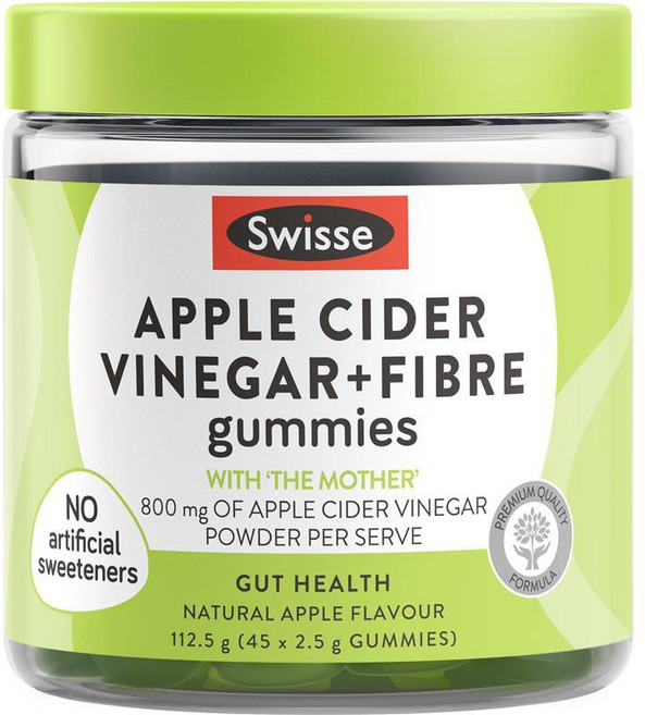 호주 스위스 Swisse Vinegar & Fibre 애플 사이다 식초 + 파이버 식이섬유 사과맛 츄어블 구미, 6개, 45정