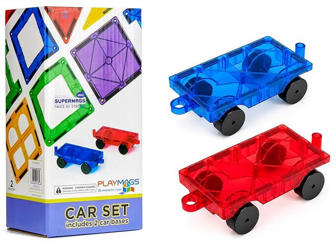 Playmags 대형 자석 피규어 커뮤니티 15피스 세트 - 자석 장난감 빌딩 블록에 적합한 7.6cm(3인치) 놀이 사람 - 아동용 STEM 학습 장난감 - 자석 타일 확장, 3. Add-On 2-Piece Car Set