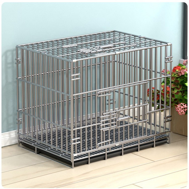 特粗狗籠加粗不鏽鐵絲帶天窗泰迪狗籠子貓籠兔籠寵物摺疊中小型犬, 1個, 銀白加粗50*35*42cm:籠子+食槽水槽網格
