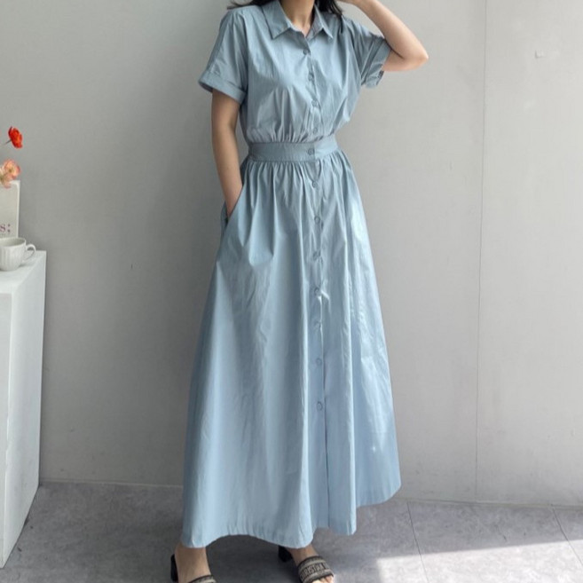 라엔 허리밴딩 셔츠카라 단추 여름 반팔 롱원피스 NE2098