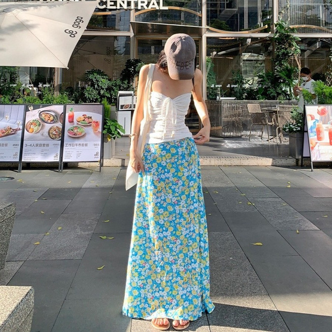 ANYOU 레이스 튜브탑 + 플라워 롱스커트 세트 여름 여성 바캉스룩 데이트룩 비치웨어