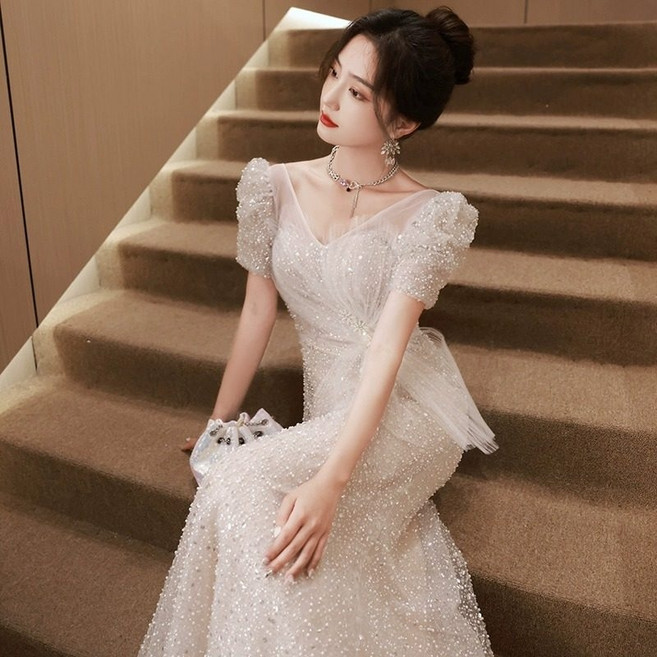 HARANG 비즈 드레스 화이트 이브닝 피로연 셀프 웨딩 2부 파티 시스루 반팔 머메이드 롱 원피스
