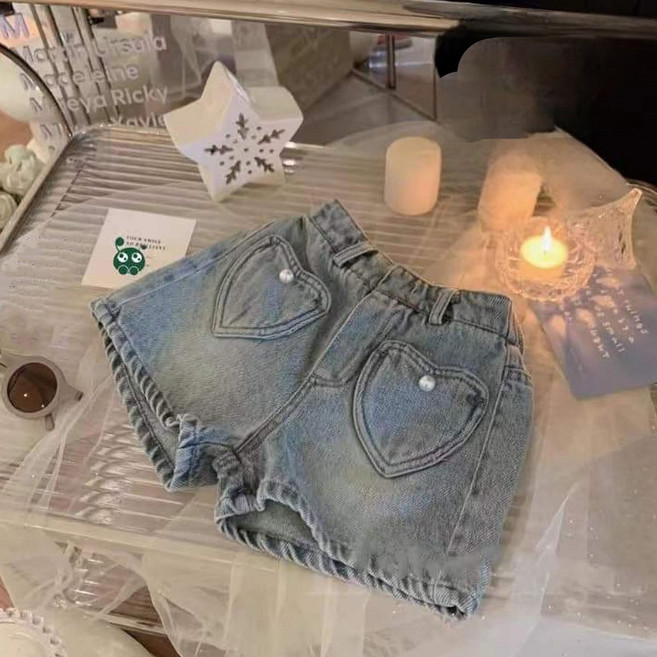 女童牛仔短褲 軟水洗圖案短褲
