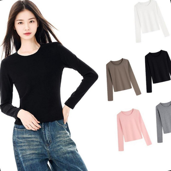 여성 데일리 긴팔 면티 슬림핏 세미크롭 라운드넥