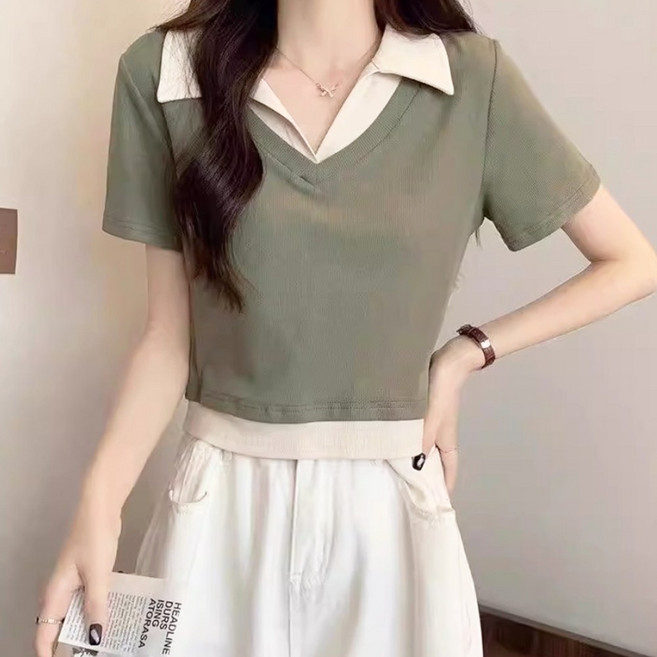 에스알비 여성용 배색 니트 카라 반팔 티셔츠 일체형 레이어드 골지 세미크롭 티셔츠