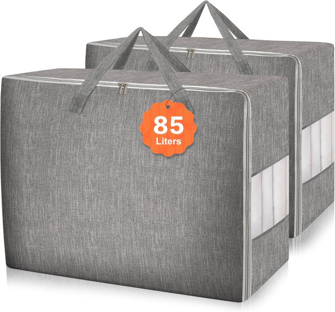 카시워스 2팩 85L 이불 보관 가방 투명 창문이 있는 초대형 침구 강화 손잡이 및 지퍼 담요 베개 옷을 위한 접이식 옷장 정리함, 2 x 85L, No card