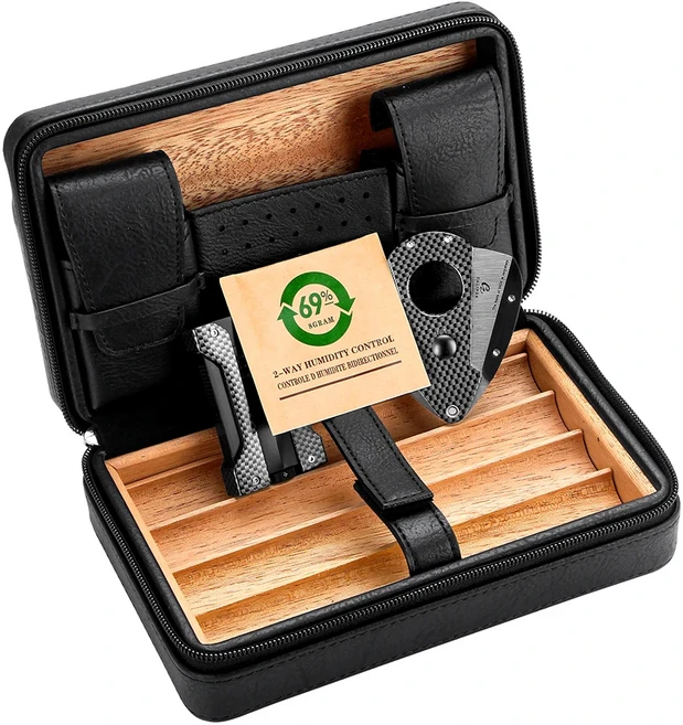 GALINER-가죽 시가 휴미더 탄소 섬유 라이터 커터 세트 휴대용 삼나무 목재 케이스 여행 박스, 02 Case Set humidifier