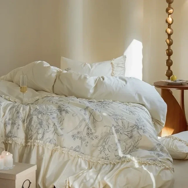 렌징 텐셀 4피스 여름 자수 플리츠 아이스 실크 시원한 침대 시트 이불 커버, 05 1.8m bed sheet four-, 01 Lolita  Lenzing