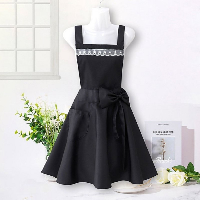 빅사이즈 꽃집 여성 코튼 앞치마 공주풍 레이스 베이킹 플레어 면 베이커리 허리끈 주방, 블랙-ZZ613순면멜빵프린세스룩, 1개