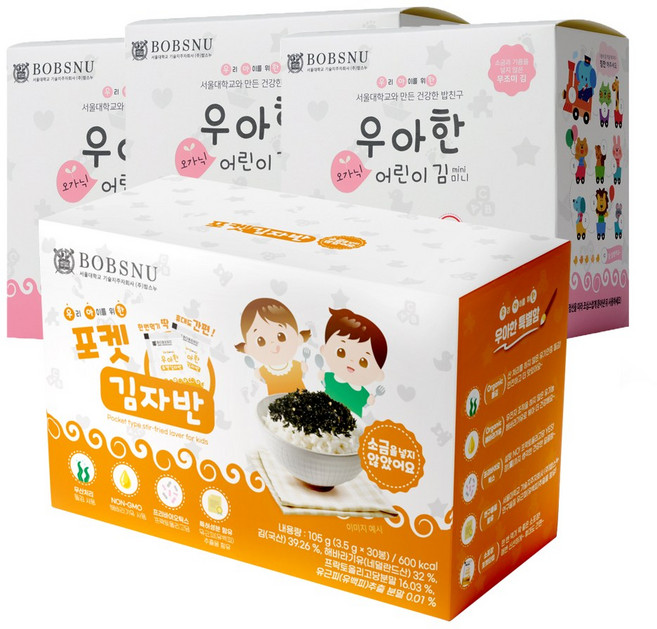 서울대밥스누 우아한 유기농 어린이김 무조미 30봉+소금무첨가 포켓김자반30봉, 1세트, 150g
