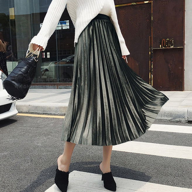 믹스블링 벨벳 롱 스커트 주름 플리츠 여성 밴딩 치마 데일리룩