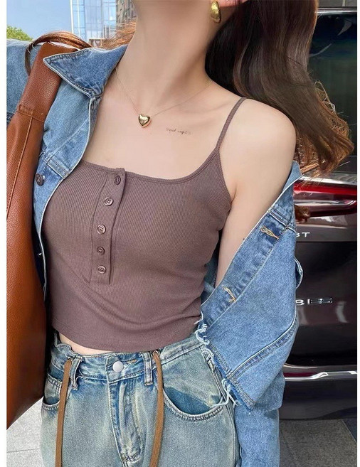 紐扣吊帶背心女帶胸墊抹胸外穿固定杯透氣舒適百搭防走光內搭