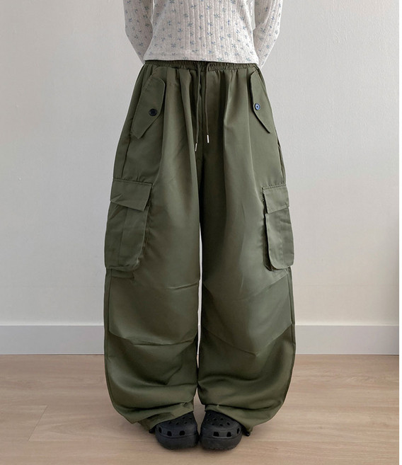 부기샵 여성 다임 패러슈트 핀턱 카고 포켓 와이드 밴딩 팬츠