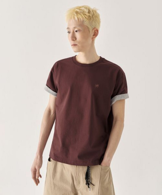 키뮤어 크롭 배색 롤업 반팔 티셔츠버건디