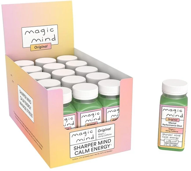 매직 마인드 에너지 및 포커스 샷 스트레스 해소 노 지터 와간다 B12 C 말차 녹차 기능성 버섯 2 FL Oz(15팩) - 쿠팡