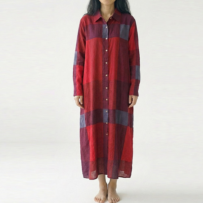UPPERCUT 여성 오버핏 컬러블록 맥시 셔츠원피스 빅사이즈 롱원피스 레이어드 셔츠형 로브