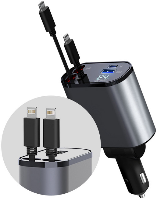 클리커스 쭉 늘어나는 릴타입 4in1 차량용 시거잭 고속 충전기, 아이폰+아이폰