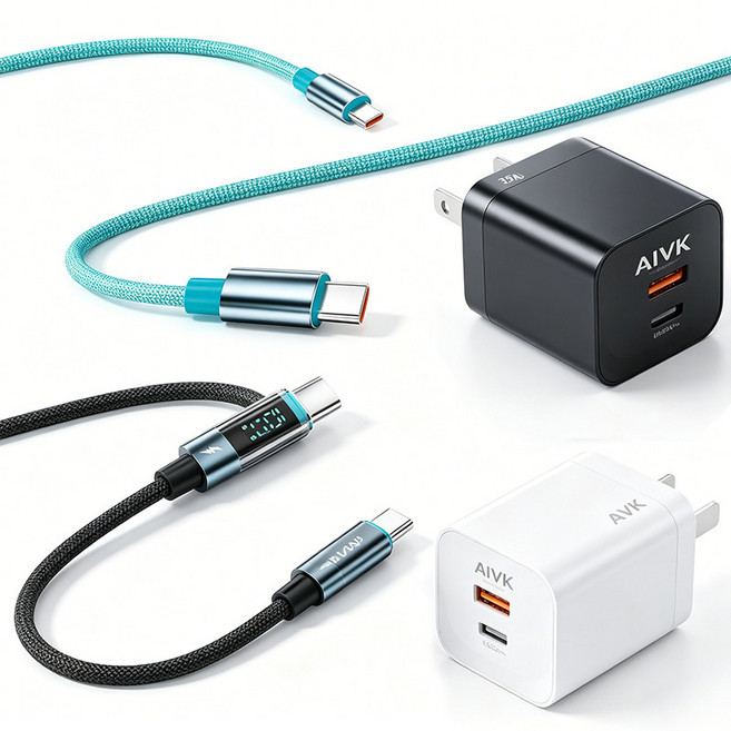 AIVK 氮化鎵35W PD快充充電器, 1個, 100W雙頭typeC 快充線1.2米-黑色