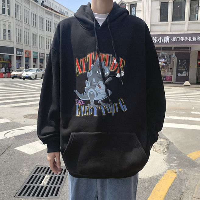 가을과 겨울 새로운 만화 양털 안감 스웨터 남자 한국 스타일 유행 하라주쿠 스타일 커플 후드 옷