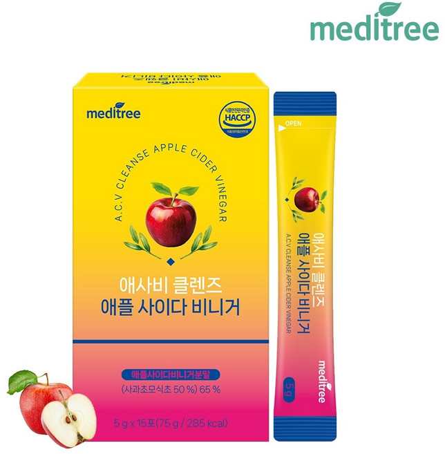 메디트리 애사비 클렌즈 애플 사이다 비니거 1박스 스틱 맛있는 유기농 사과식초 효모 초모, 75g