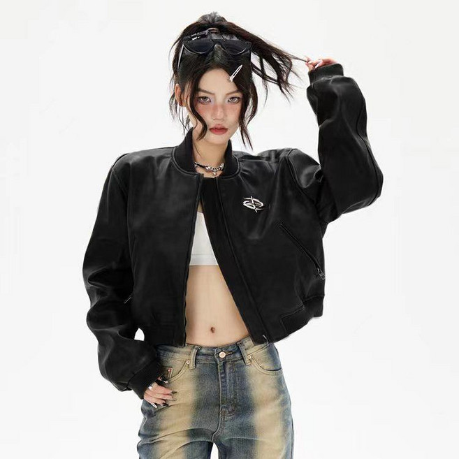 봄 가을 여성 가죽 자켓 숏 여성 짧은 가죽 자켓 빈티지 스타일 봄 가을 심플 디자인 젊은 트렌디 JS