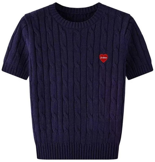 여성용 하트 자수 반팔 니트 티셔츠