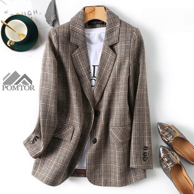 POMTOR 싱글 체크무늬 정장 자켓 오버핏 데일리룩 슬림 캐주얼 코트 M-5XL