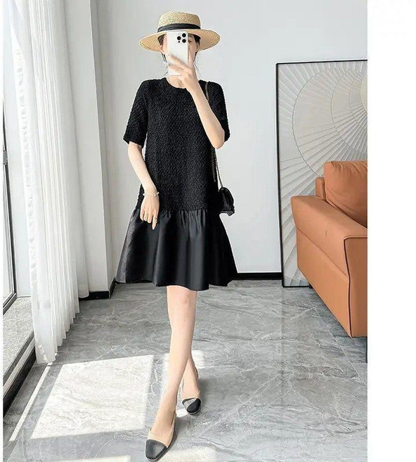 連衣裙子女士裝 夏季春秋新款大碼顯瘦A字氣質中長裙, 黑色,4XL 建議110.0-125.0公斤, 黑色