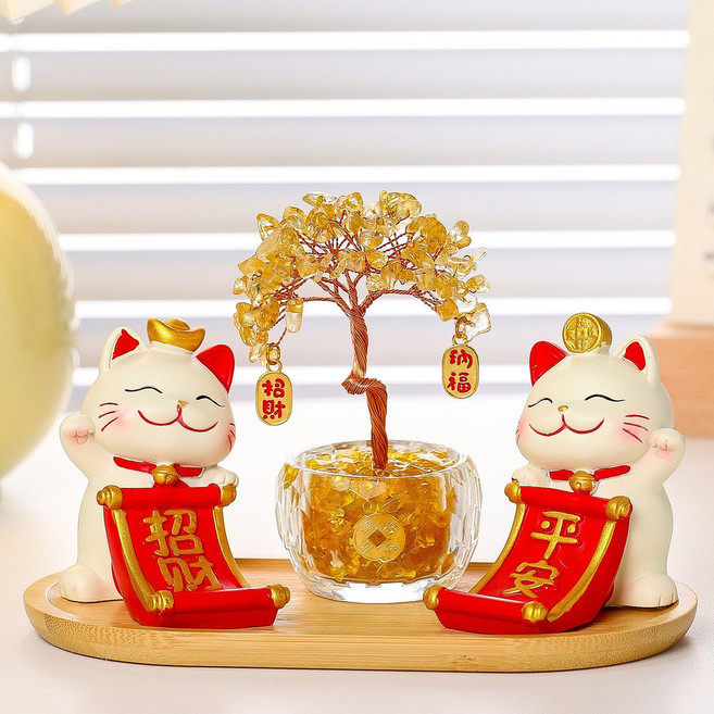 招財貓黃水晶發財樹擺件 - 玄關家居裝飾 卡通創意開業禮品, 隨機發（盲盒）