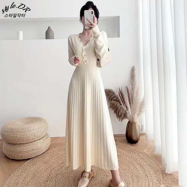 스타일닥터 여자 긴팔 니트 원피스 베이직 브이넥 데일리룩 원피스