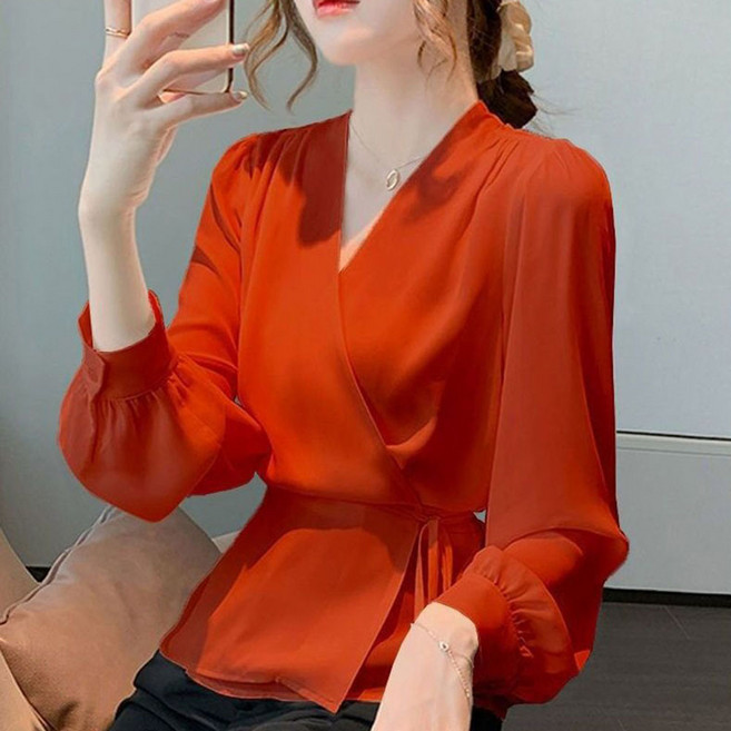 ROYALBELLE 여성 브이넥 스트랩 허리끈 긴팔 블라우스 캐주얼 캐주얼 크로스 셔츠 V082043