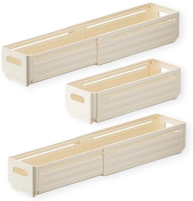 찬란한리빙 길이조절 서랍 정리함 확장형 다용도 주방 수납함, 3개, 크림베이지