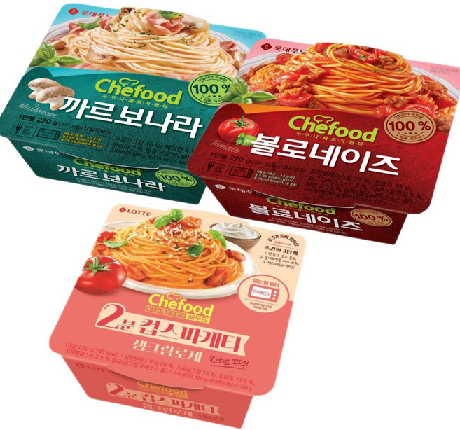 쉐푸드 롯데 쉐푸드 스파게티 혼합3입 (까르보나라1입+볼로네이1+생크림로제1), 3개, 220g