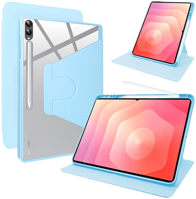 디상커 갤럭시 탭 720도 회전 단색 투명 펜슬수납 태블릿 케이스 S11 울트라/S11/S10 FE+/S9 FE+/S9 FE/A11+/A9+ 14.6/13.1/12.4/11인치, 스카이, 1개