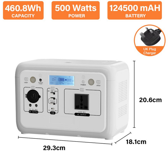 500W 휴대용 파워스테이션 전원 파워 가정용 RV500W 배터리 캠핑 플랜트 비상 460 8WH 발전기 태양광 LIFEPO4 야외 에너지, 220V용, 500W UK Charger