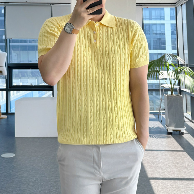 룩플레인 면 백프로 워셔블 케이블 여름 반팔 니트 카라 티셔츠 7color