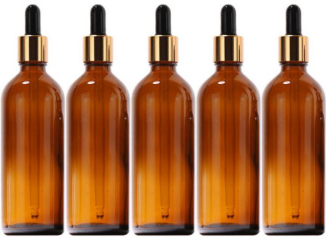 갈색 스포이드 유리병 에센스 아로마 오일 소분 공병 미니깔대기 증정- 골드캡/검정고무, 100ml 5개