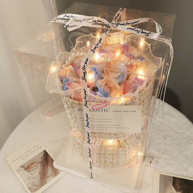 玫瑰香皂花束 贈禮 附燈飾禮盒, 19朵彩色 小香風花束 白色禮袋, 1個