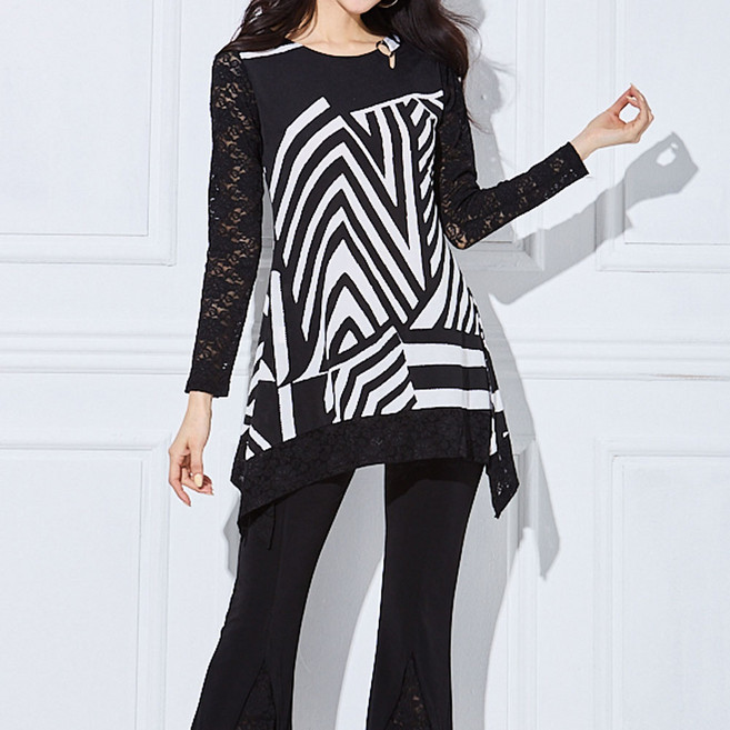 까르죠아 링 포인트 스트라이프 롱 블라우스 빅사이즈 여성티셔츠 미시옷 롱티셔츠