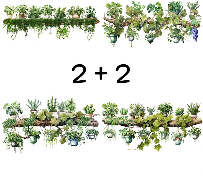 제이레인 식물 인테리어 스티커 인테리어 시트지 포인트 스티커 2+2, 행잉 플랜트바 4종 한세트